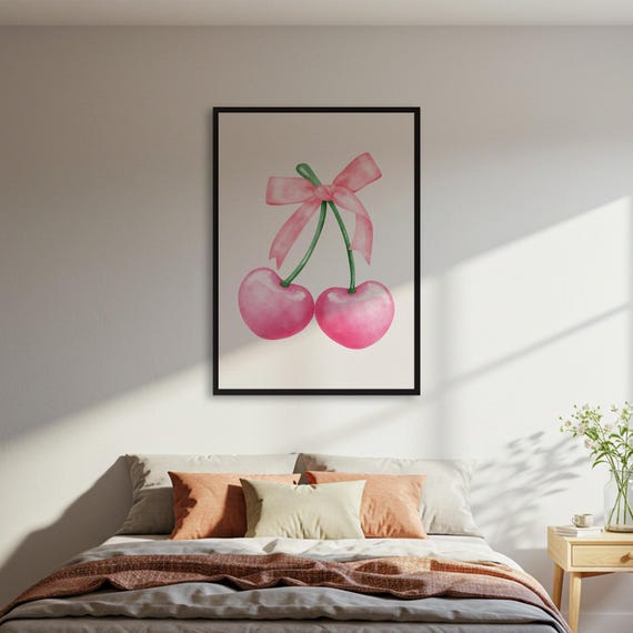 Pink Cherry Poster Print With Bow Watercolor Fruit Wall Art Cute Coquette Kitchen Decor Girly Illustration
