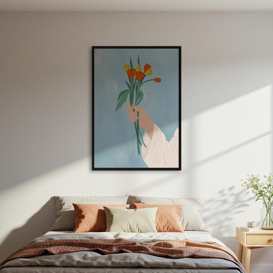 Hand Holding Tulips Orange Bouquet Soft Blue Minimal Floral Poster