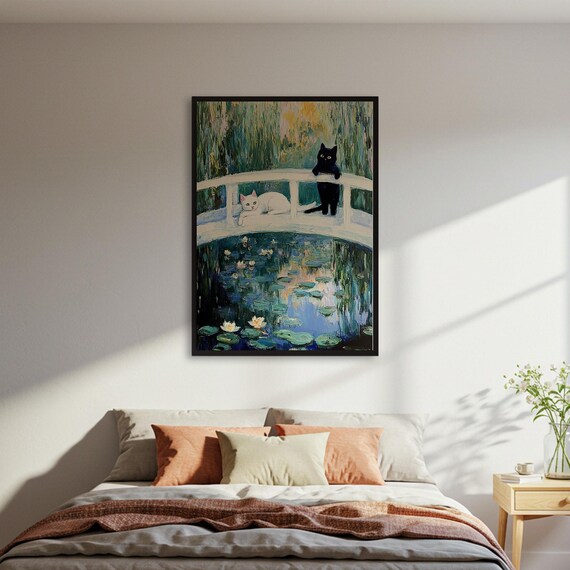 Monet Water Lilies Japanese Bridge Two Cats Impressionist Poster