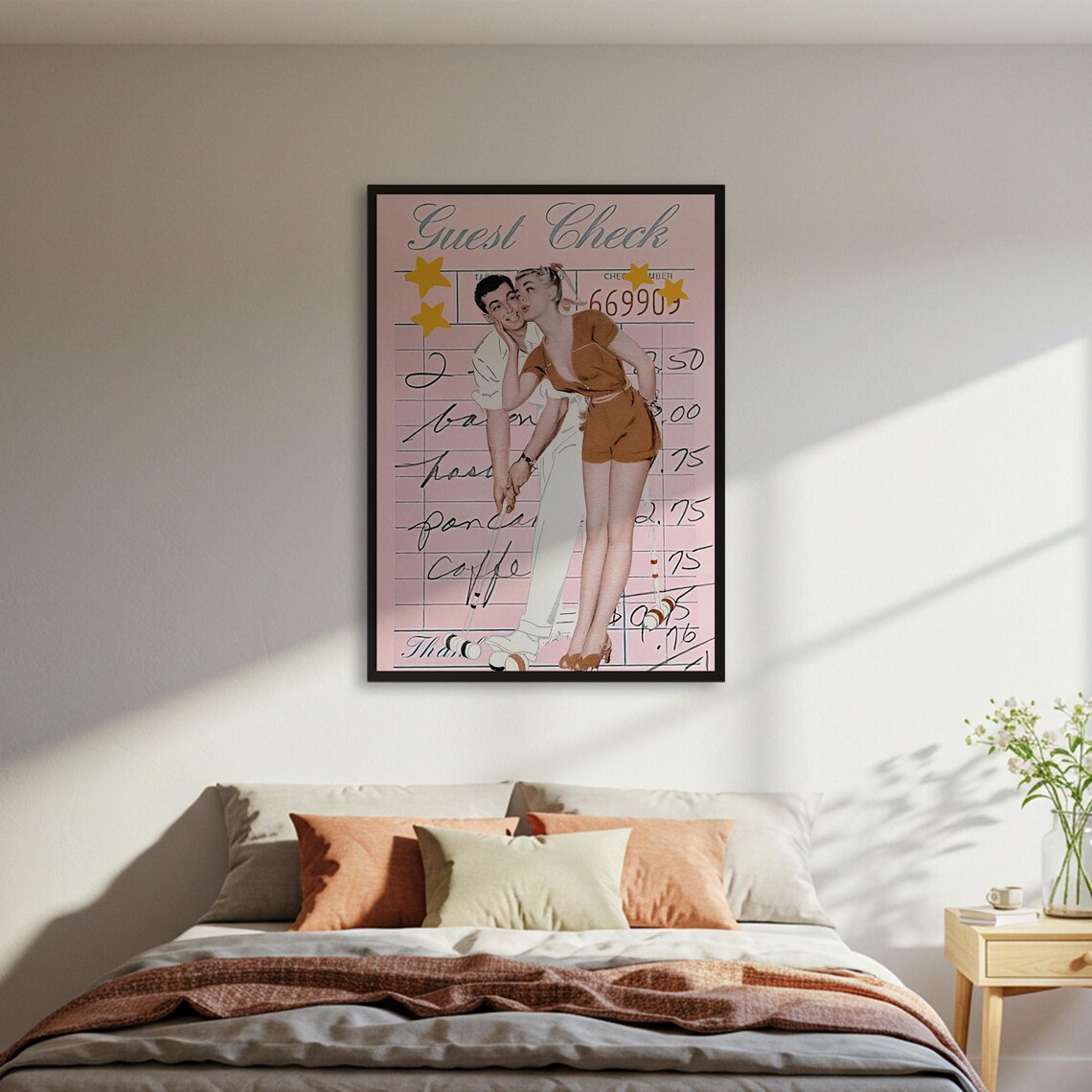 Guest Check Retro Couple Kiss Vintage Pink Diners Art Poster