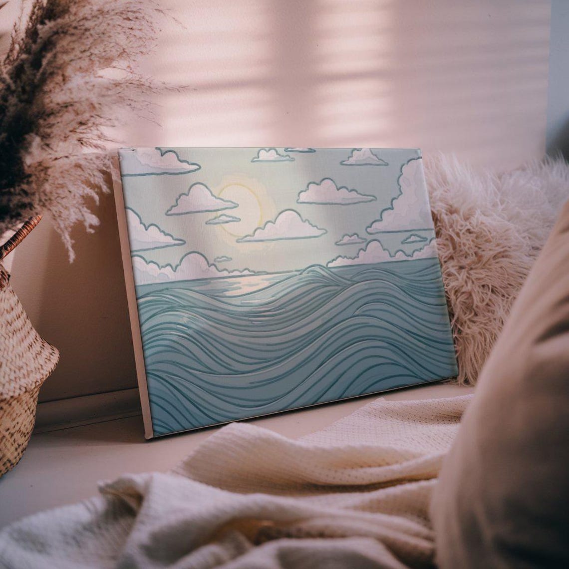 Teal Ocean Waves Line Art Cloudy Sky Minimalist Sea Art Poster