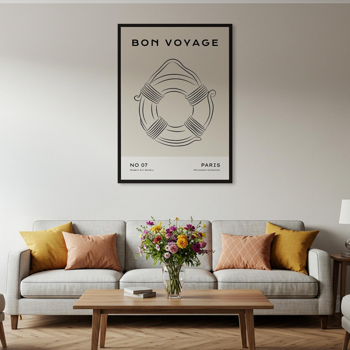 Bon Voyage Paris Minimalist Fine Line Art Lifebuoy Travel Poster - Image 2