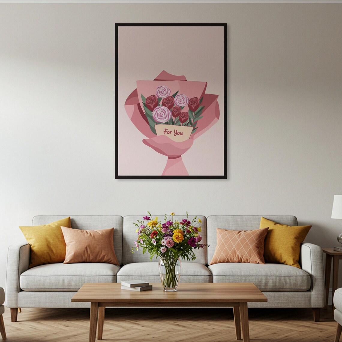 For You Pink Rose Bouquet Romantic Wrapped Flowers Art Poster - Image 2