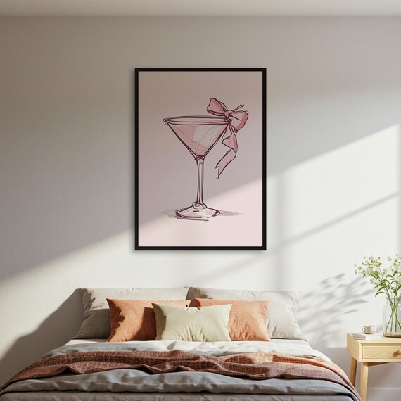 Pink Martini Glass Bow Line Art Cocktail Illustration Poster