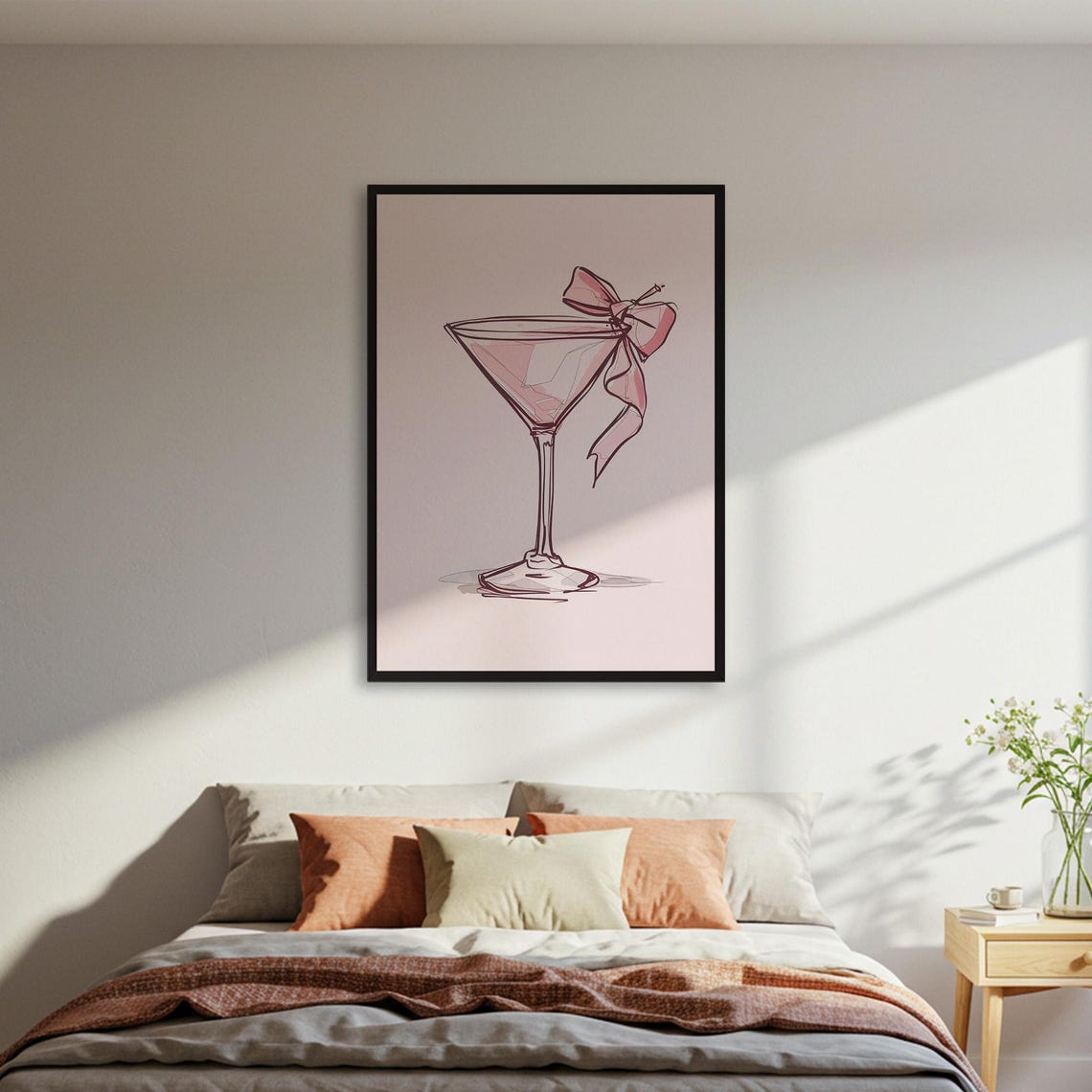 Pink Martini Glass Bow Line Art Cocktail Illustration Poster