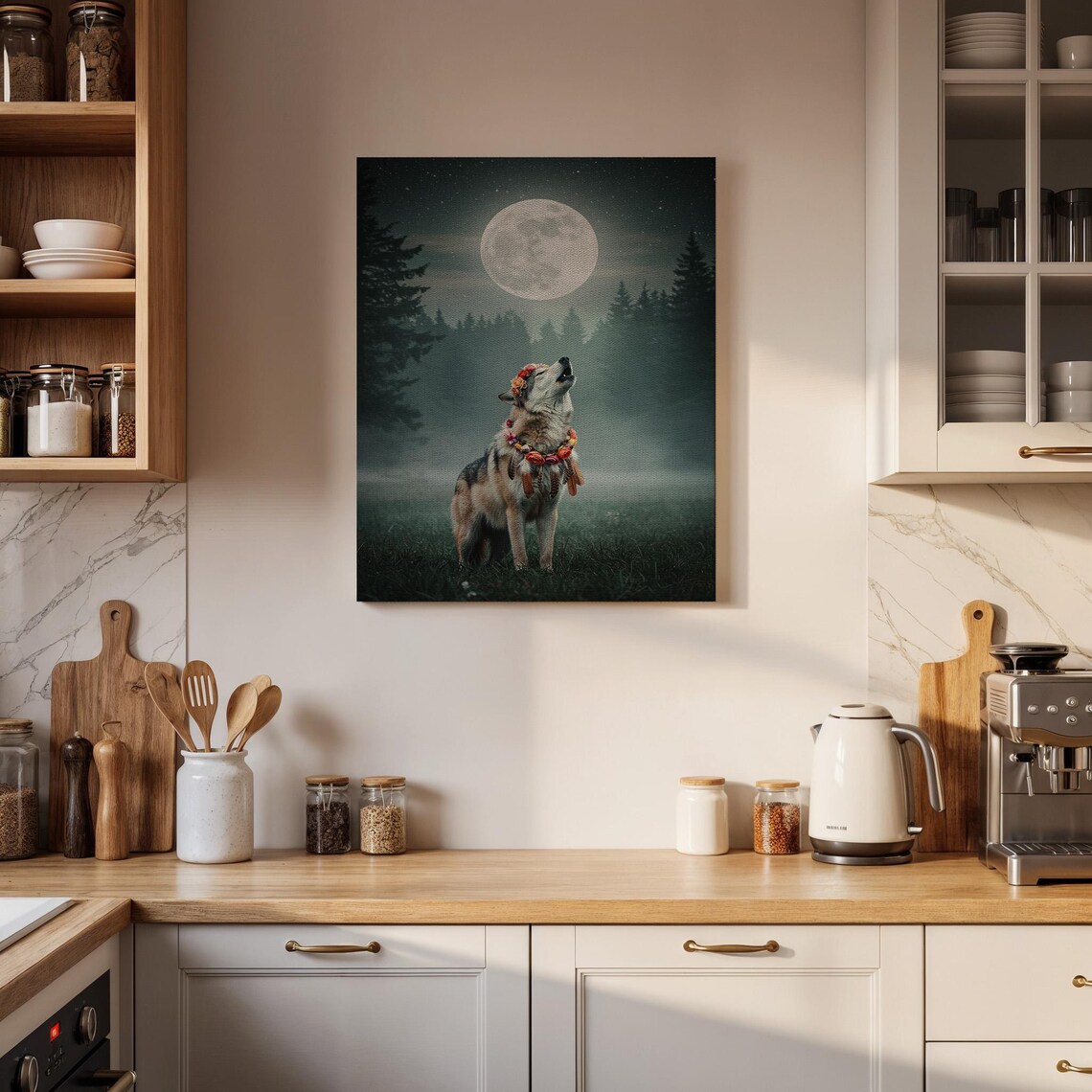 Bohemian Wolf Howling at Full Moon Flower Crown Misty Forest Art Poster - Image 2