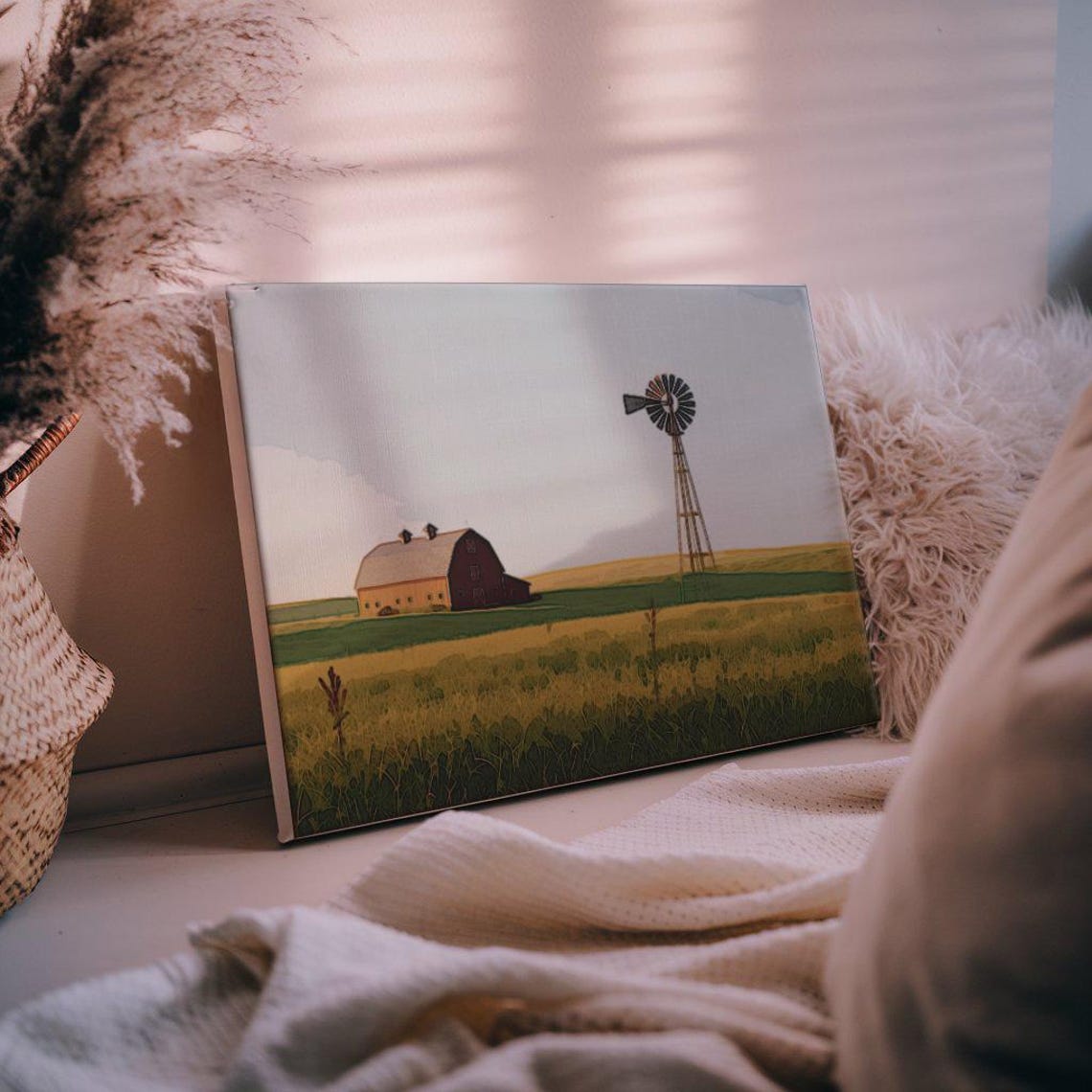 Rustic Red Barn Windmill Wheat Field Farmhouse Country Poster