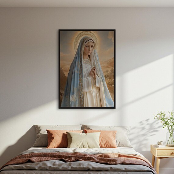 Our Lady in Prayer Blue Veil Golden Halo Devotional Art Poster