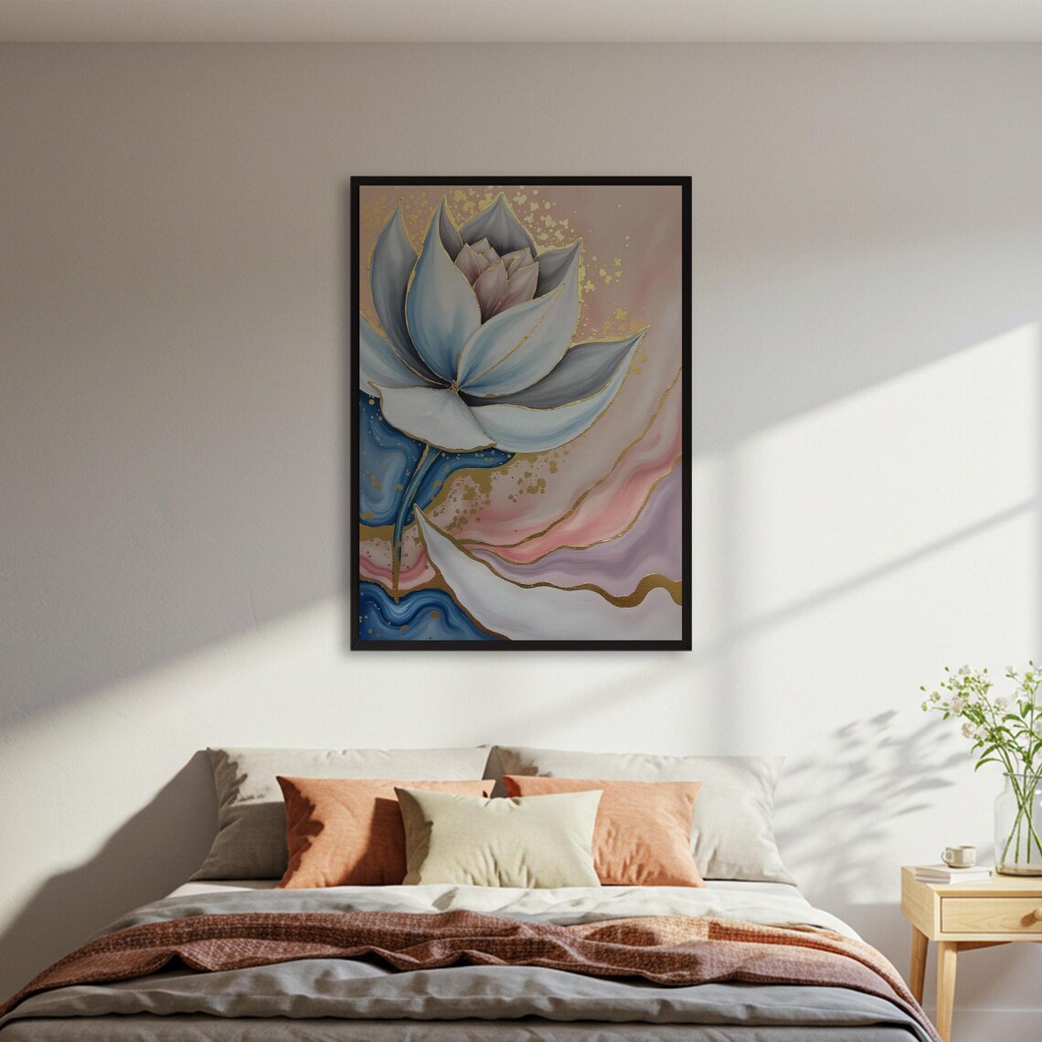 Blue Lotus Flower with Gold Accents on Pink Marble Floral Poster - Image 5