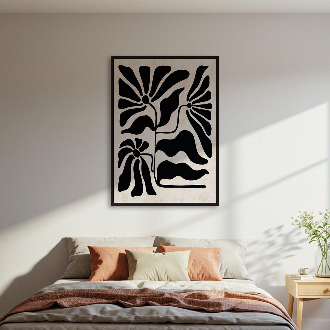 Black Floral Silhouette Cream Abstract Botanical Statement Art Poster