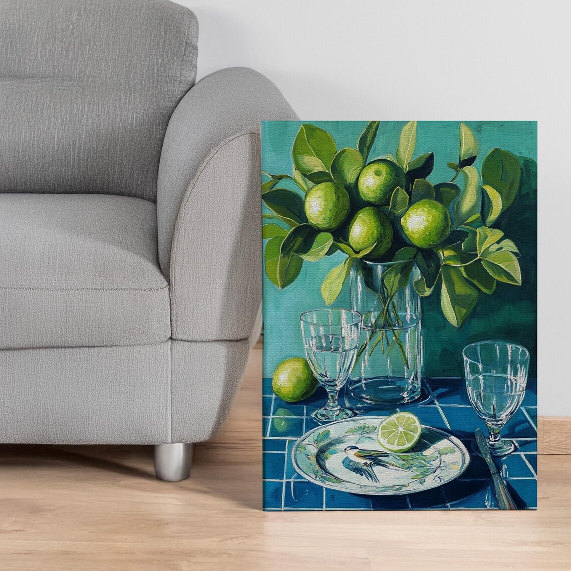 Lime Still Life Painting Mediterranean Citrus Table Green Art Poster