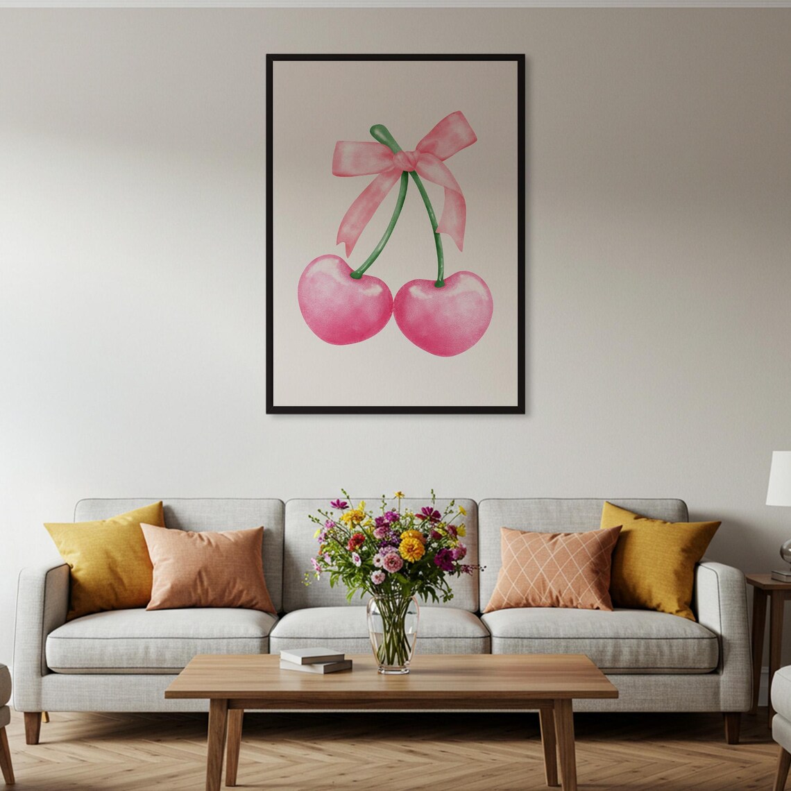 Pink Watercolor Cherry Bow Sweet Fruit Art Illustration Poster - Image 2
