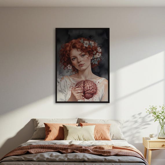 Woman Holding Brain Poster Surreal Dark Art Print Floral Anatomy Wall Moody Portrait Decor