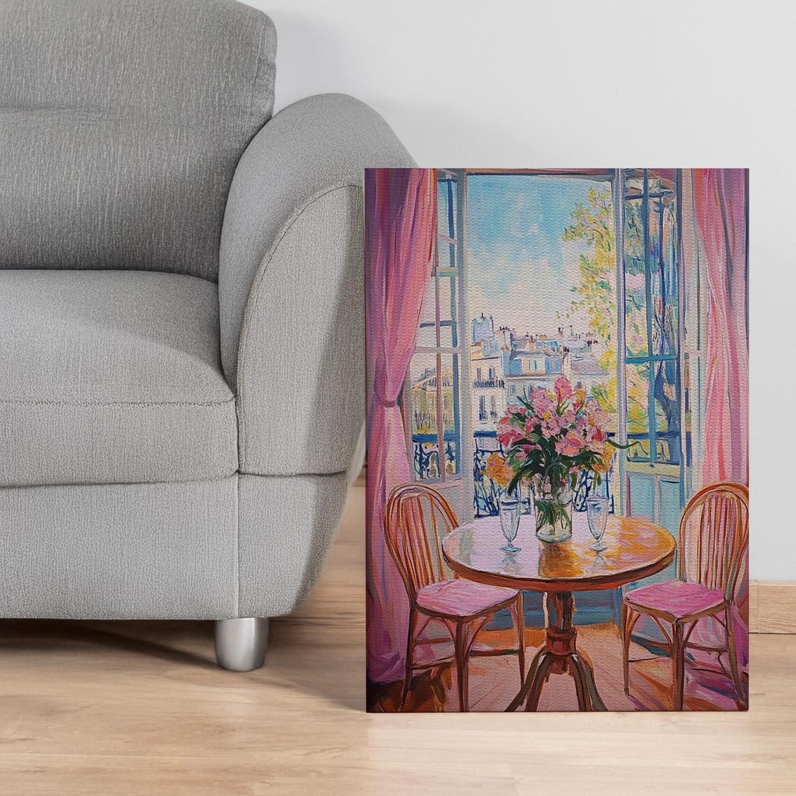 Paris Balcony Romantic View With Pink Curtains Flower Cafe Poster