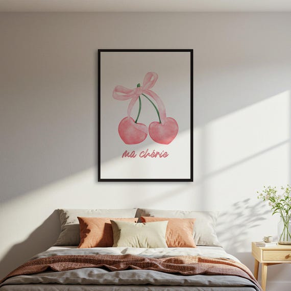 Ma Cherie Cherries Poster Pink Fruit Art Print Sweet Kitchen Decor French Quote Wall Framed Gift For Home