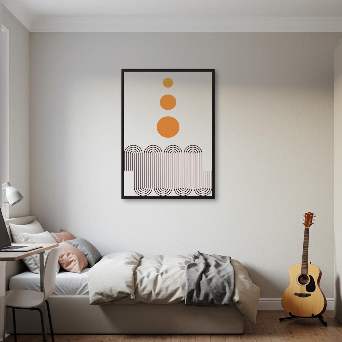 Three Orange Suns over Black Arches Mid Century Geometric Poster - Image 2
