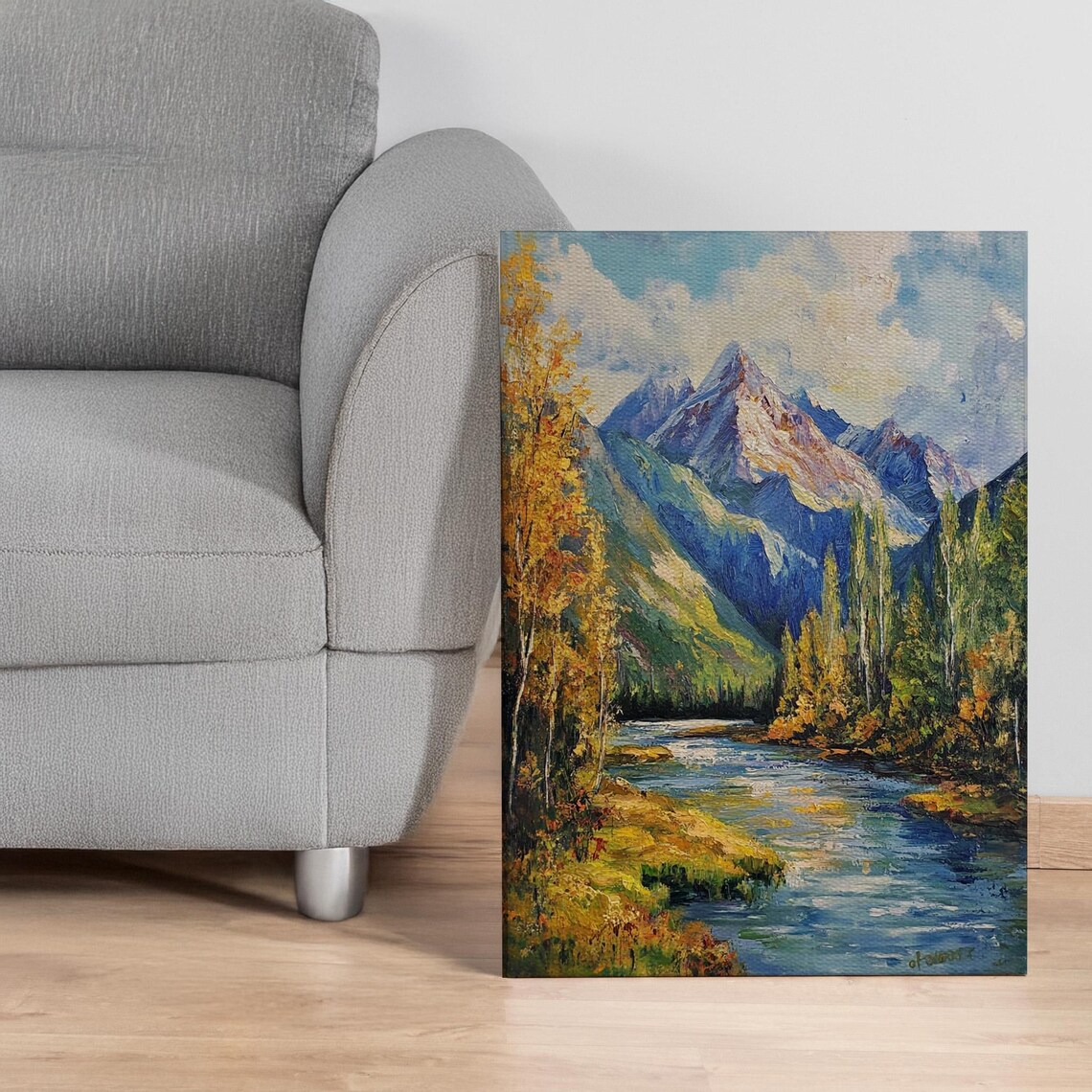 Mountain River Landscape Autumn Peaks Oil Painting Nature Wall Art