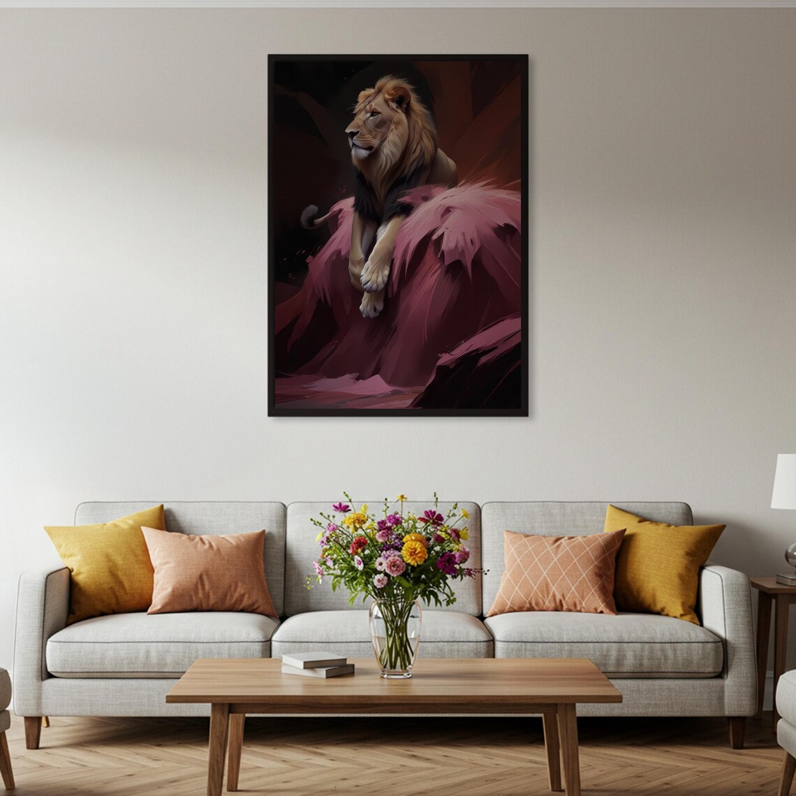 Majestic Lion Resting on Pink Rock Dark Dramatic Wildlife Poster
