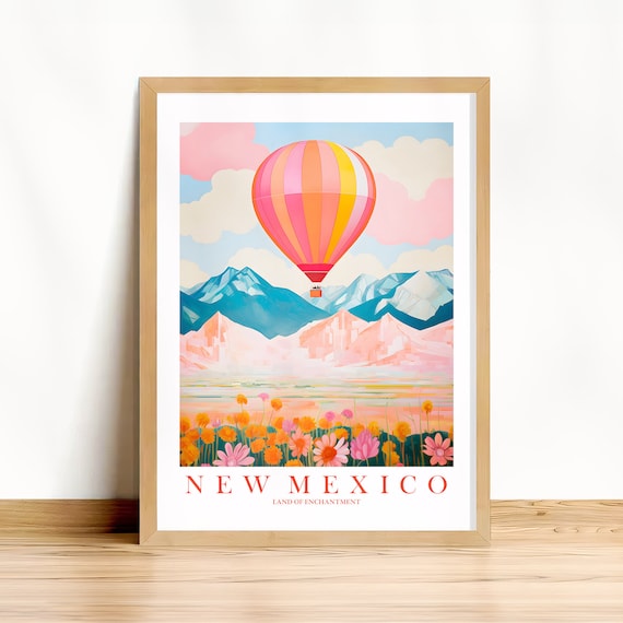 New Mexico Travel Poster Land Of Enchantment State Print Hot Air Balloon Retro Pink Orange Teal Painting