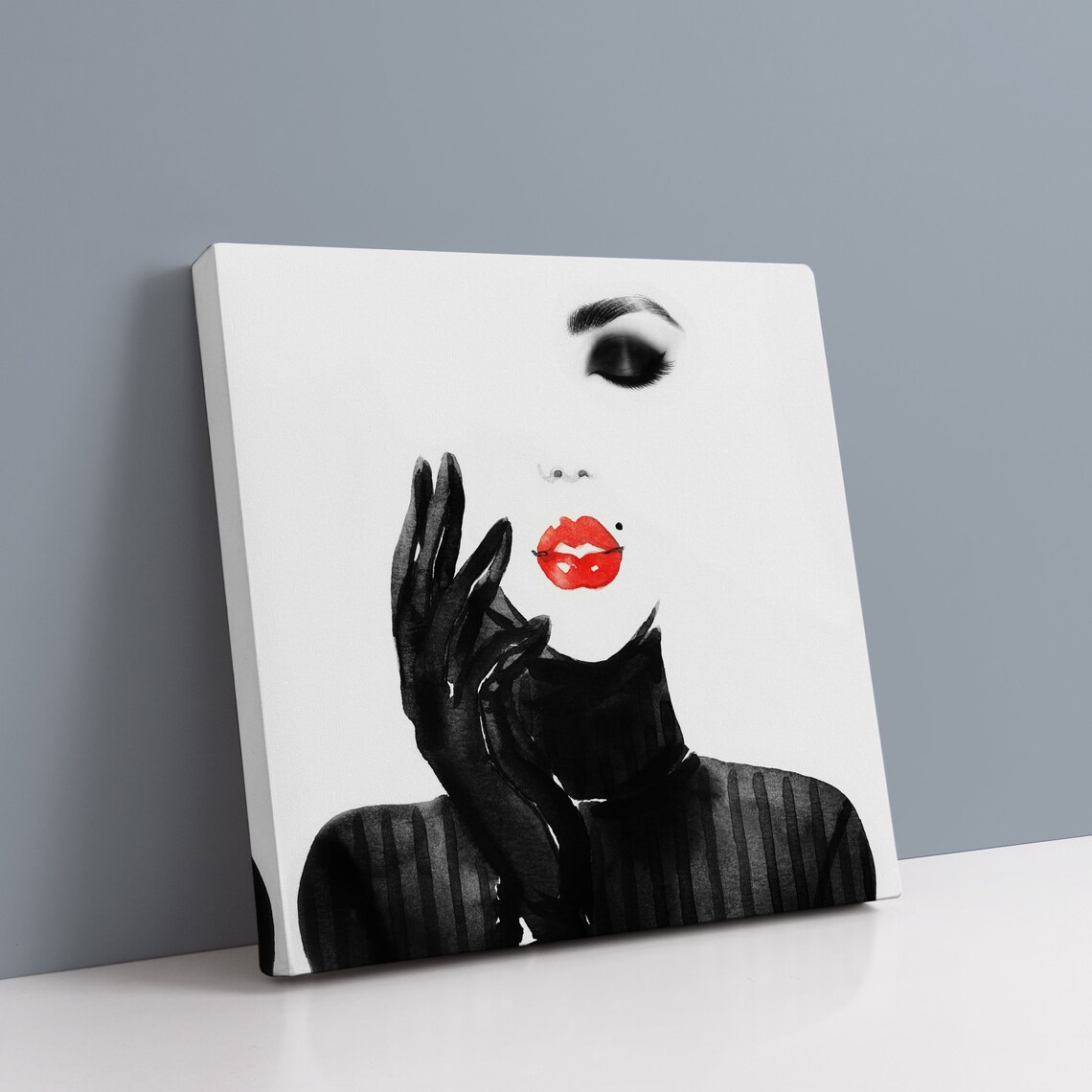 Black White Woman Red Lips Glove Fashion Illustration Chic Modern Art Poster