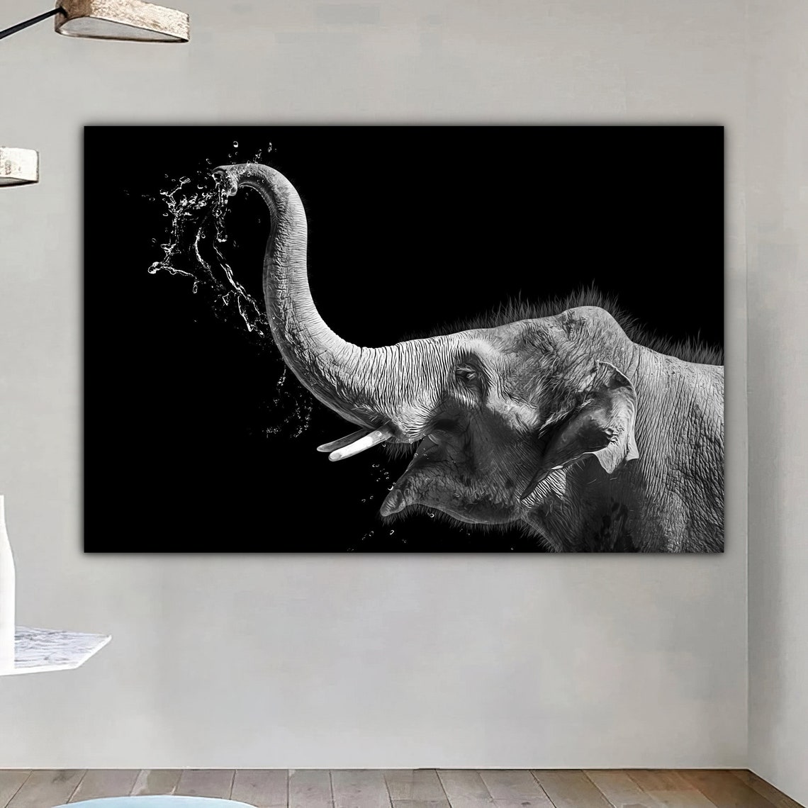Black And White Elephant Spraying Water Dark Photo Art Poster