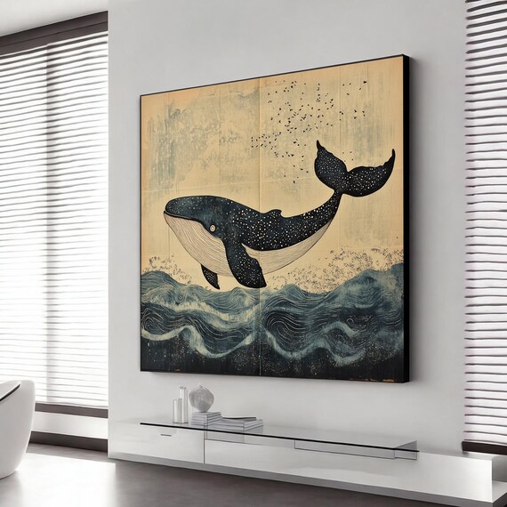Japanese Style Wabi Sabi Painting Print Of A Whale Nautical Decor Ocean Art Whale Wall Art Whale Decor Whale Gift