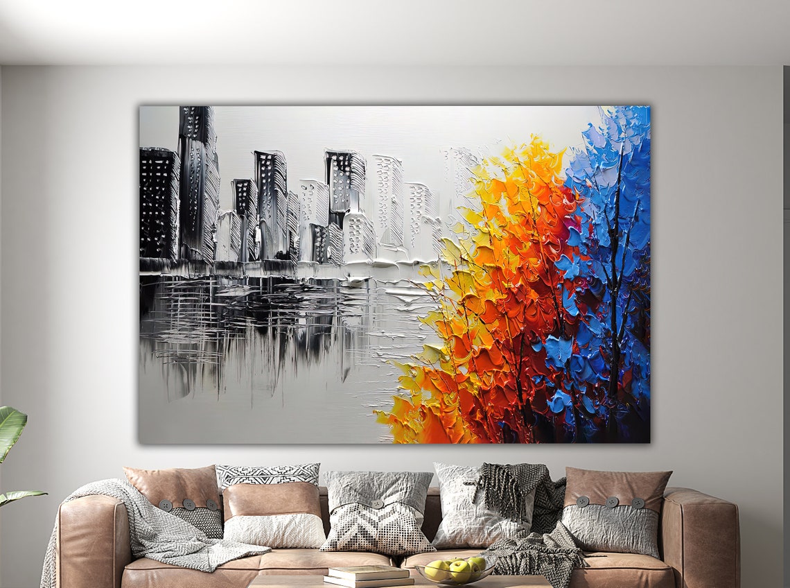 City Skyline Autumn Trees Colorful Modern Palette Knife Art Poster