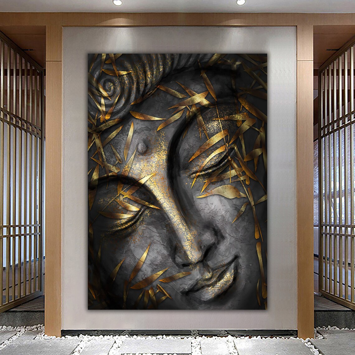 Buddha Meditation Wall Art Print, Gold Glitter Texture