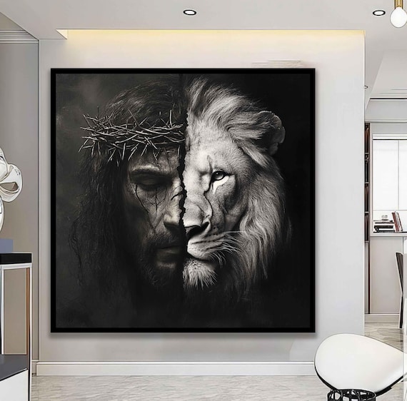 Jesus Crown of Thorns Lion of Judah Split Face Black White Art Print