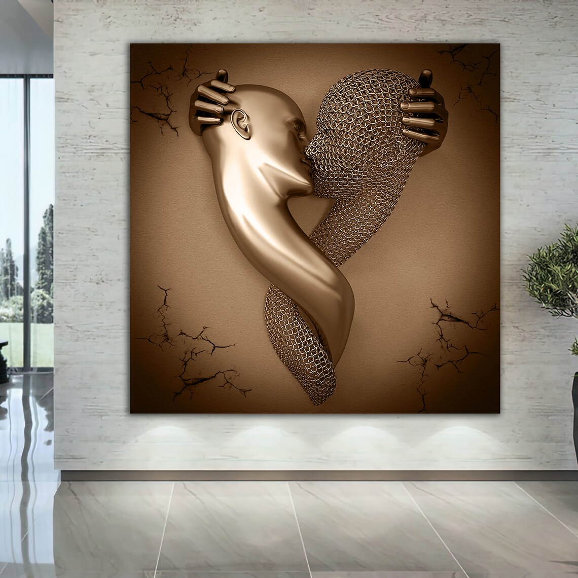 Kissing Love Couples Bronze Glitter 3D Effect Art Print