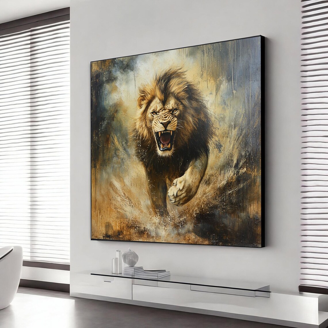 Charging Roaring Lion Golden Textured Fierce Big Cat Art Poster
