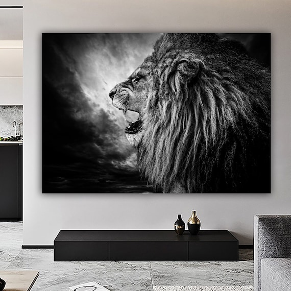 Roaring Lion Profile Storm Clouds Black White Photo Art Poster
