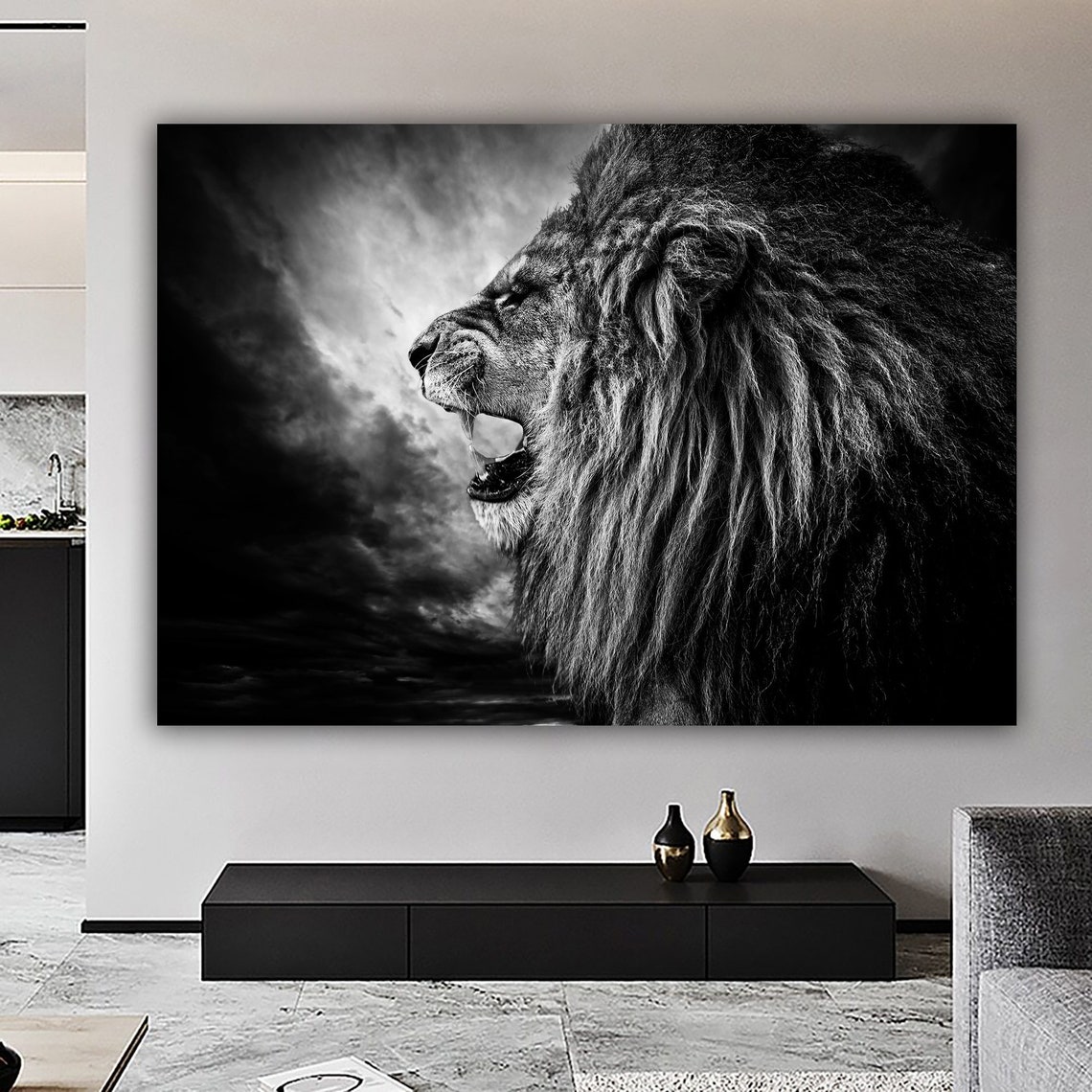 Roaring Lion Profile Storm Clouds Black White Photo Art Poster