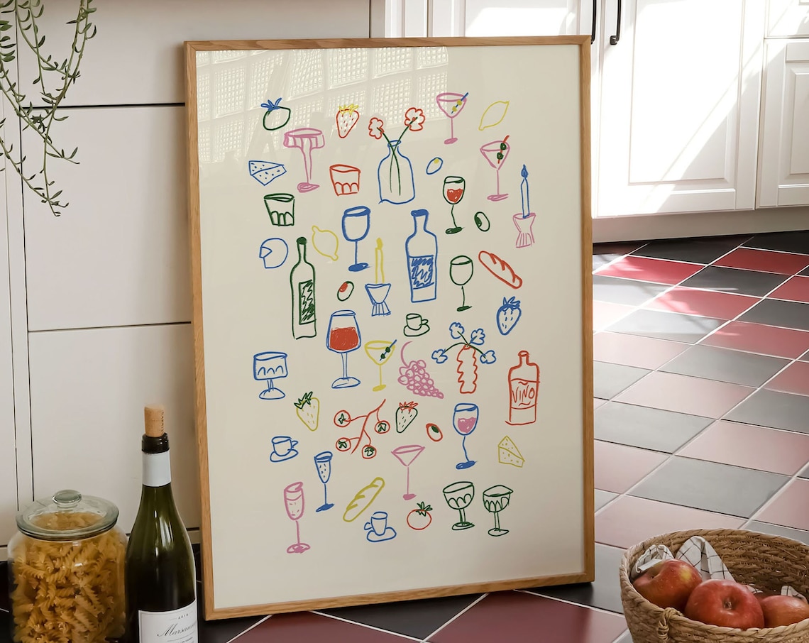 Retro Dinner Table Art Print, Maximalist Kitchen Decor
