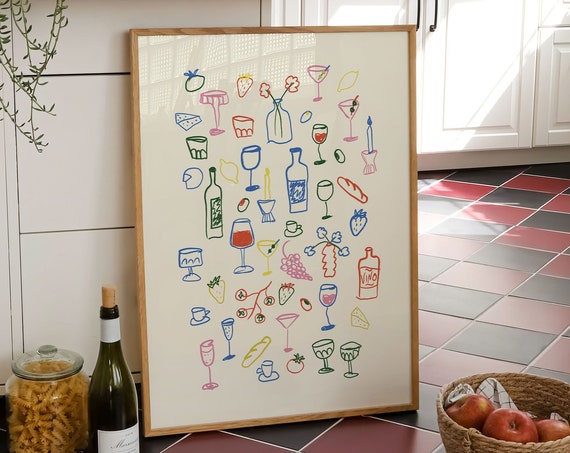 Retro Dinner Table Art Print, Maximalist Kitchen Decor