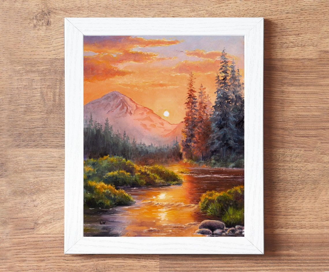 Mountain River at Sunset with Pine Trees Oil Painting Nature Poster - Image 3