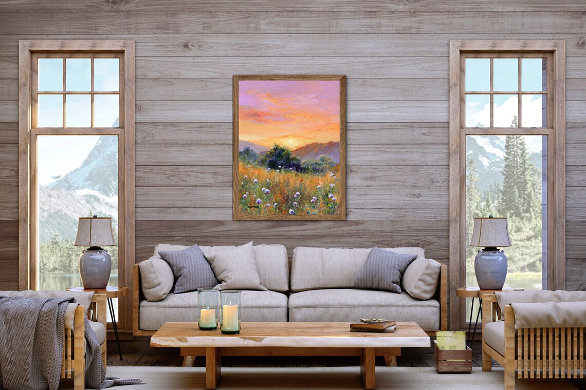 Summer Wildflower Meadow Sunset Landscape Oil Painting Poster - Image 5