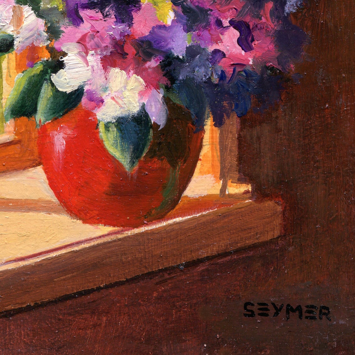 Purple and Pink Bouquet in a Red Vase on a Sunlit Windowsill Poster - Image 3