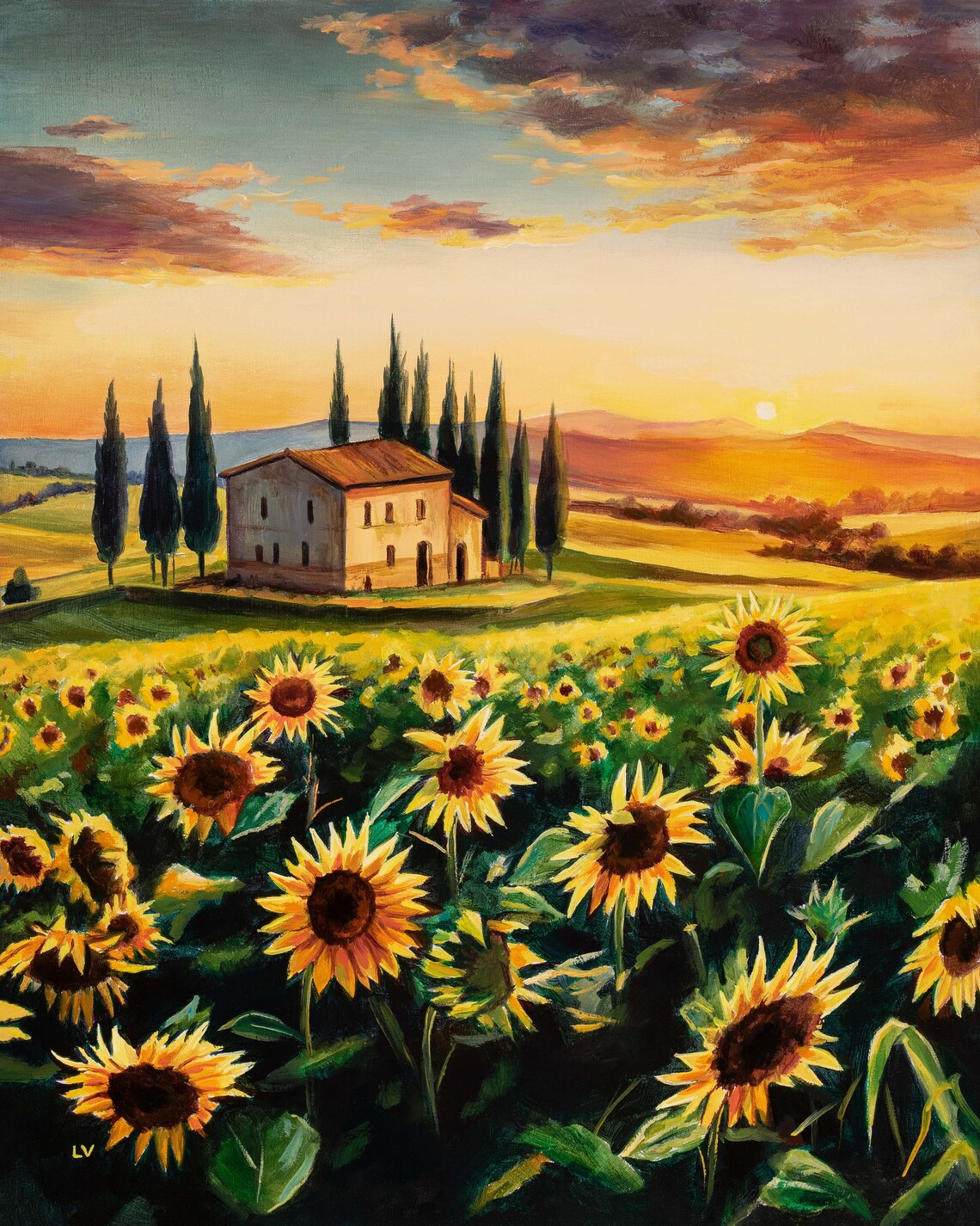 Tuscan Farmhouse at Sunset Over a Sunflower Field with Cypress Poster - Image 6
