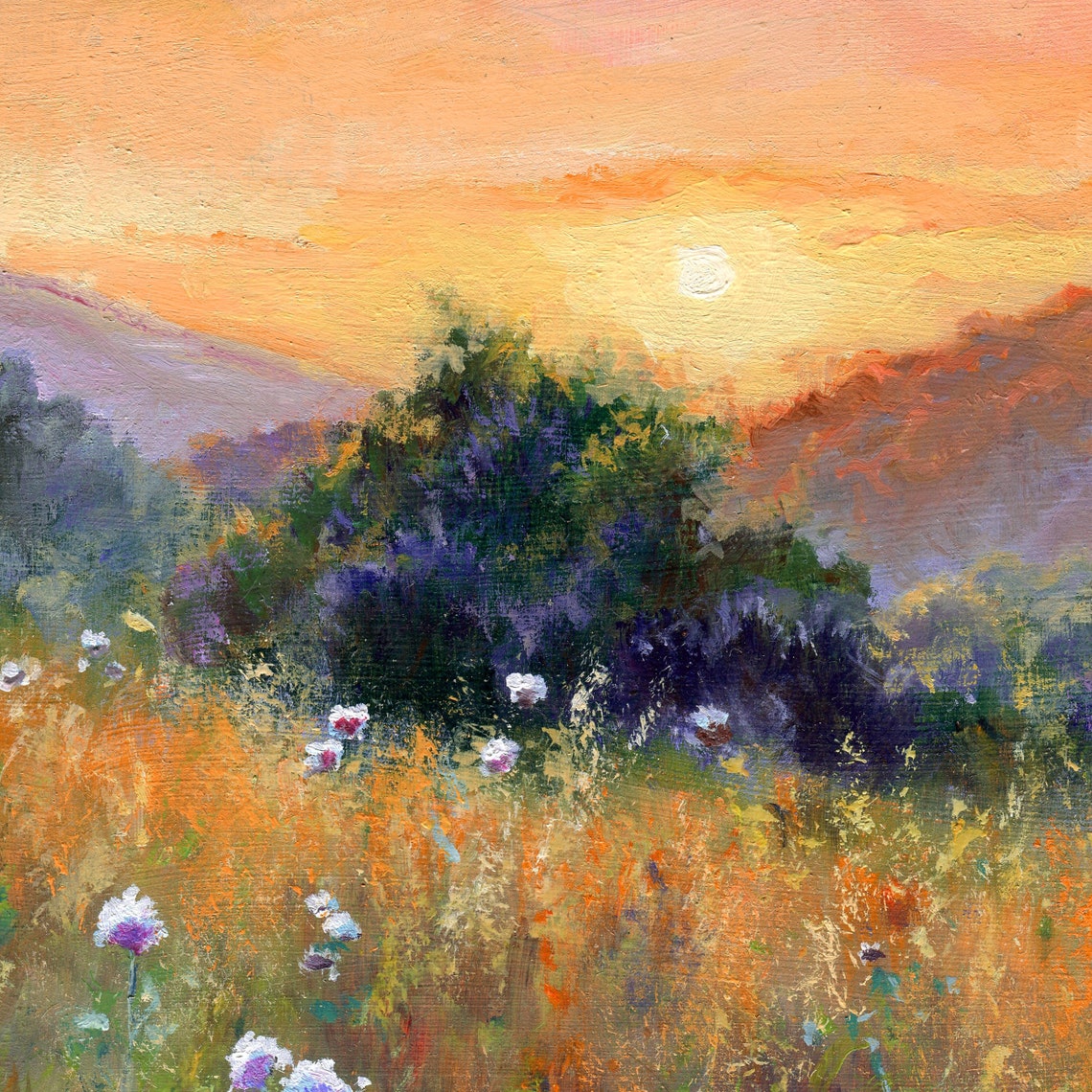 Summer Wildflower Meadow Sunset Landscape Oil Painting Poster - Image 4