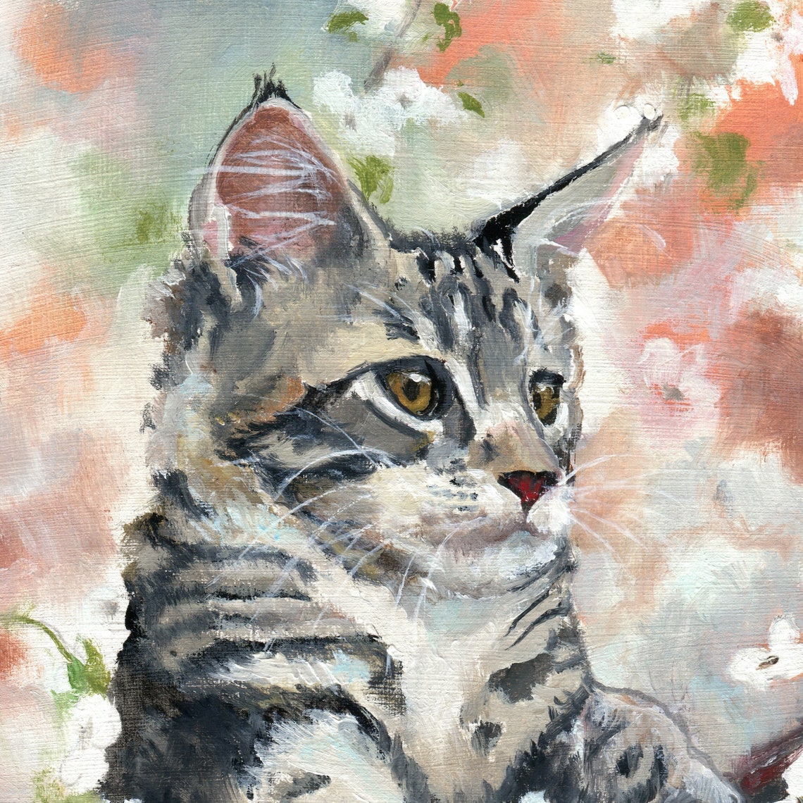 Tabby Cat Nestled Among White Spring Blossoms Painting Poster - Image 3