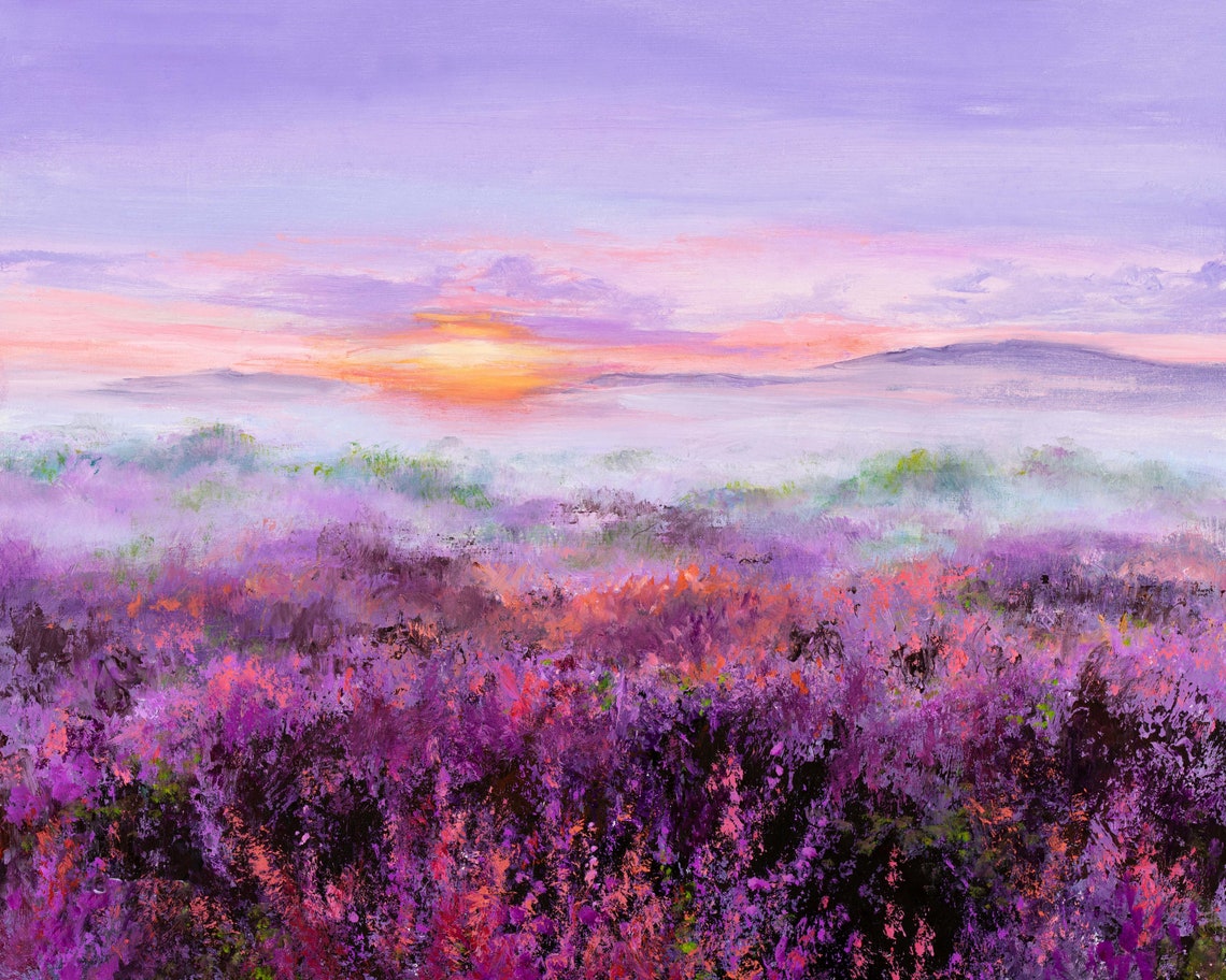 Purple Heather Field at Sunrise Oil Painting Landscape Poster