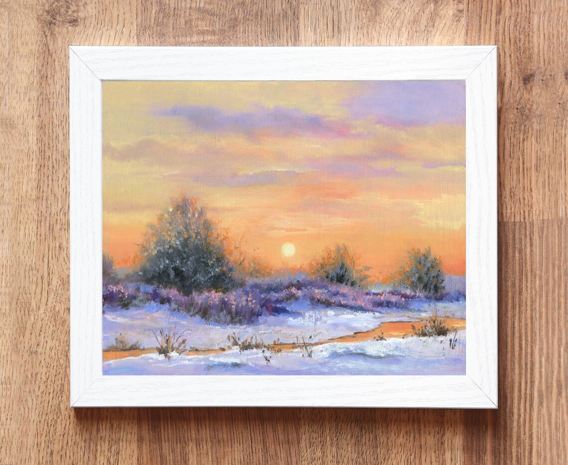 Snowy Winter Landscape Sunrise Oil Painting With Colorful Sky Poster - Image 5