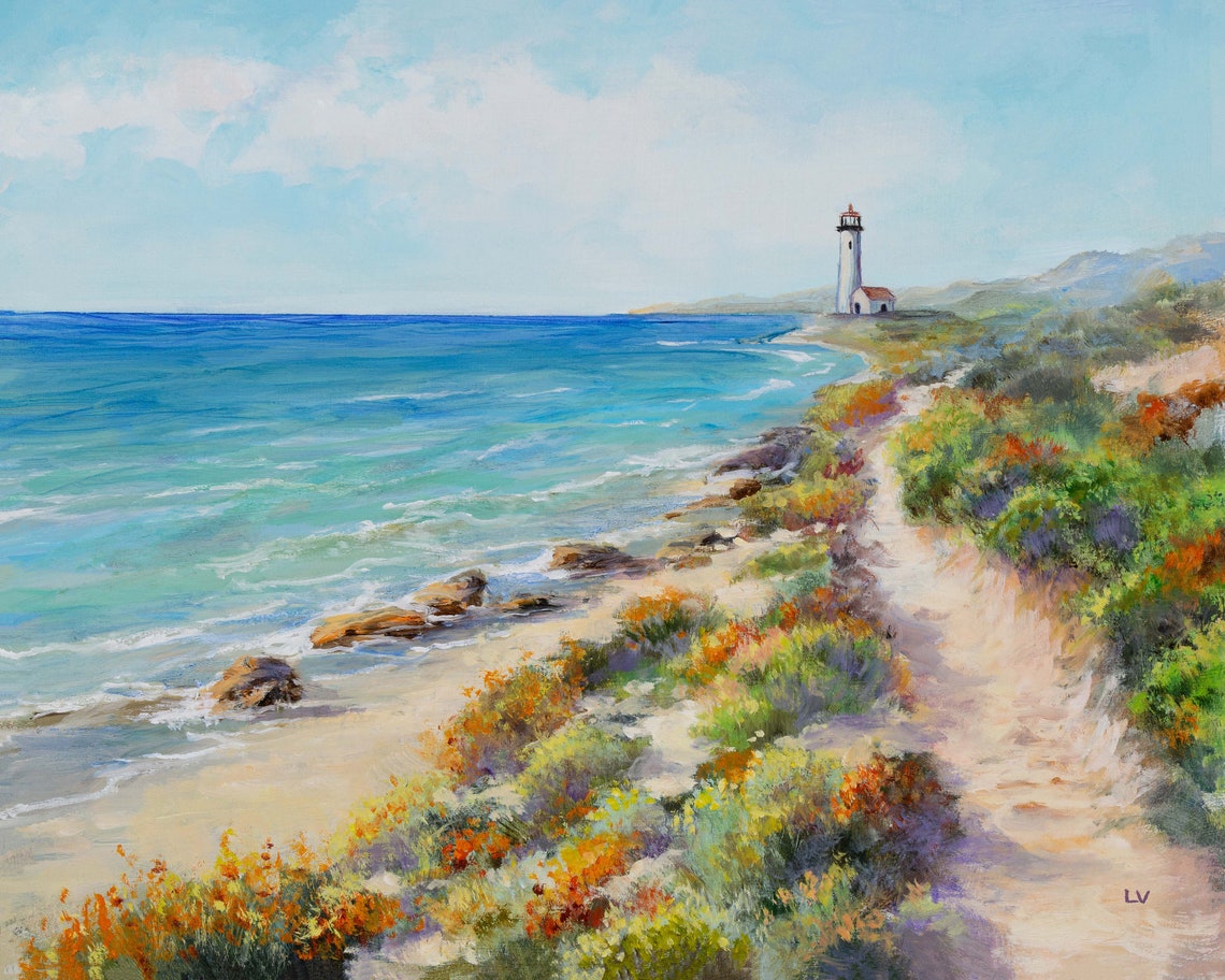Coastal Lighthouse Path Wildflowers Rocky Seashore Oil Painting Poster