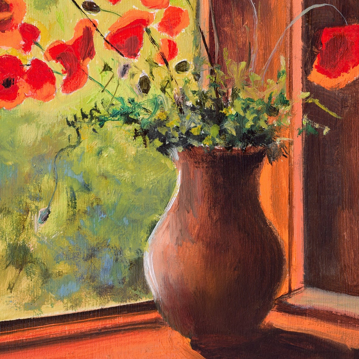 Fresh Red Poppies in a Clay Vase on a Sunny Windowsill Poster - Image 4