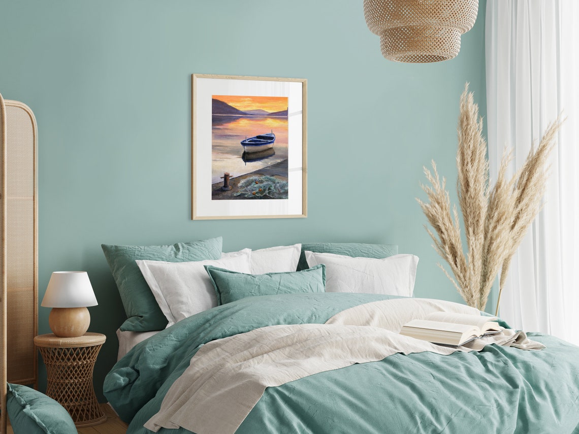 Wooden Row Boat Painting Print Calm Lake Jetty Art Pier Fishboat Sunset Art Poster Dock Bay Water Reflections Fishing Lover Gift For Dad - Image 2