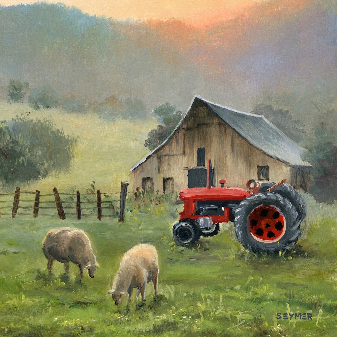 Vintage Red Tractor by an Old Wooden Barn with Sheep Grazing Poster
