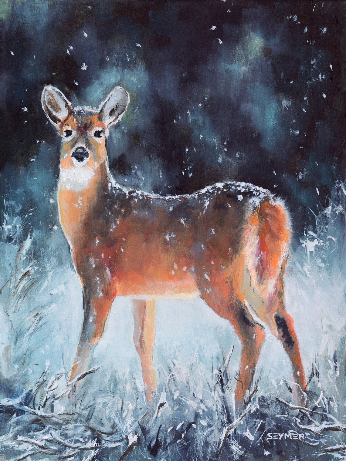 Female Deer Standing in a Snowy Winter Forest at Night Poster - Image 5