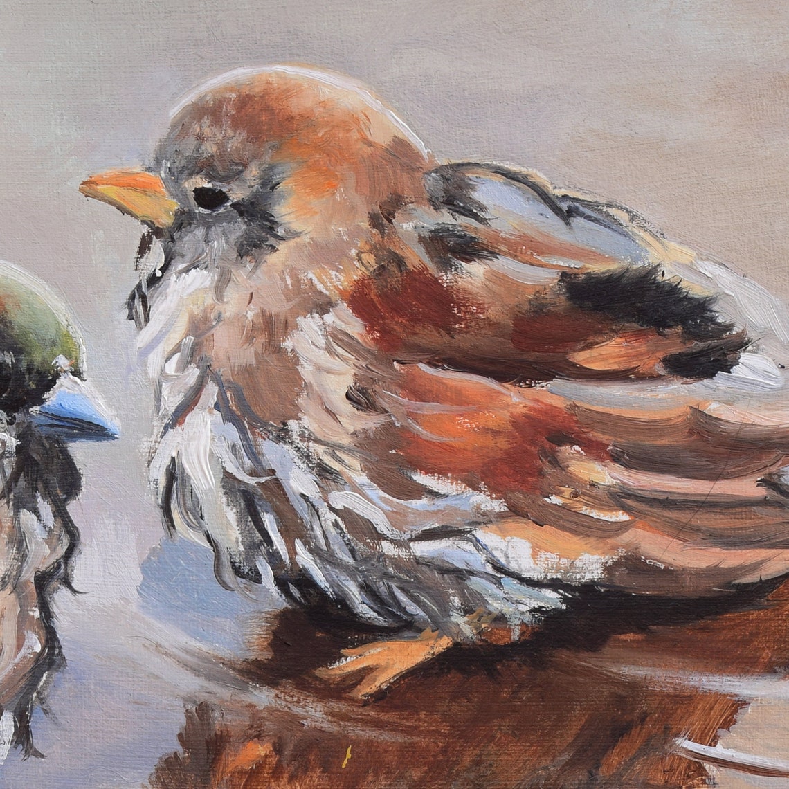 Two Sparrows Bathing Together in Water Oil Painting Bird Poster - Image 3