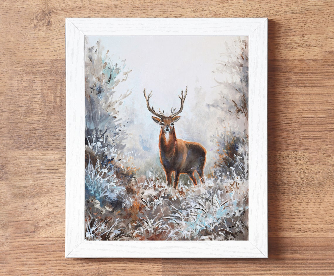 Majestic Stag with Antlers in a Frosty Winter Landscape Poster - Image 5